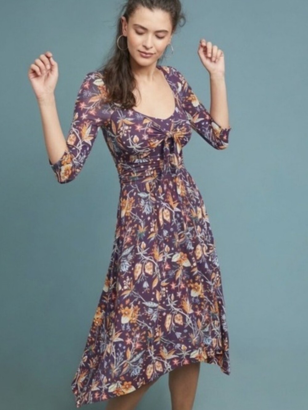 Floral Tie-Front Midi Dress in Plum Anthropologie Maeve Large